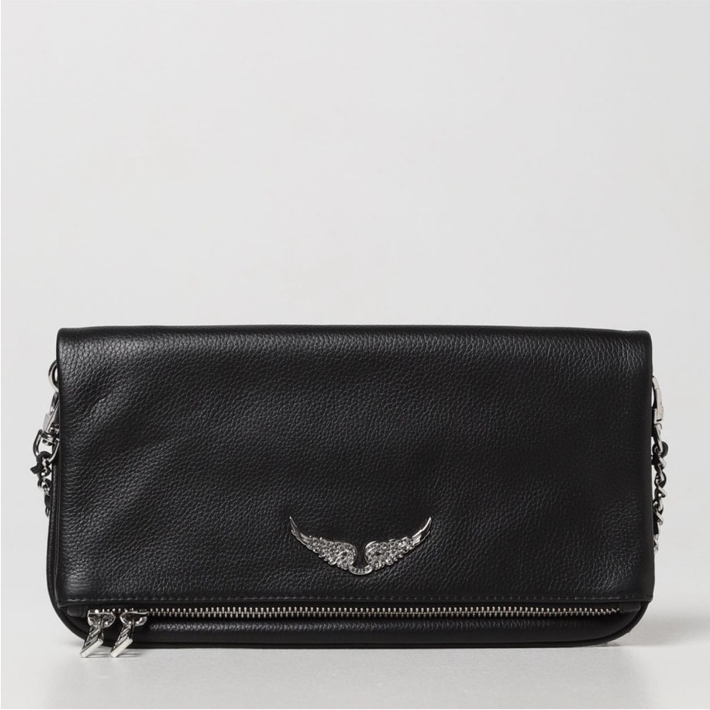Zadig & Voltaire Bag Rocky Foldover Clutch Crossbody in Pebbled Leather Black - Picture 3 of 11